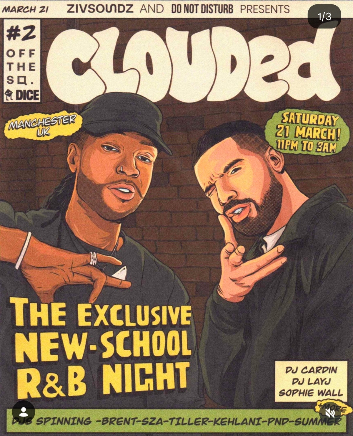 Clouded comic book style flyer, the exclusive new-school R&B night